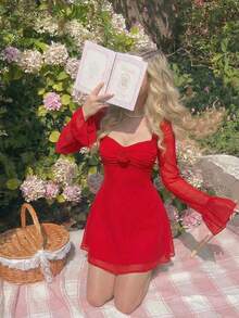 SHEIN MOD 红色花卉刺绣喇叭袖方领迷你连衣裙 - 紅色 - 查看 4