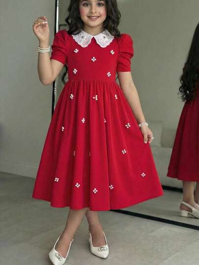 SHEIN Tween Girls Elegant Solid Red Midi Dress Short Puff Sleeve White Peter Pan Collar Color Block Design A-Line Dress Party Dress Girls Red Short Sleeve Dress Red Dress Puff Sleeves Kids Kids Special Occasion Red Dress Pearl Embellished Girls Dress Girls Partywear