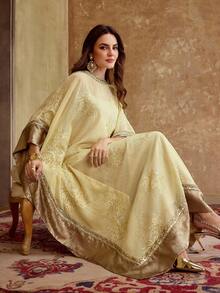 ZEYLAH Embroidered Contrast Trim Elegant Batwing Sleeve Robe - Apricot - View 7