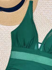 SHEIN Swim Summer Vacation Beach Contrast Mesh Deep V-Neck Ruffle One-Piece Swimsuit - Dark Green - View 4
