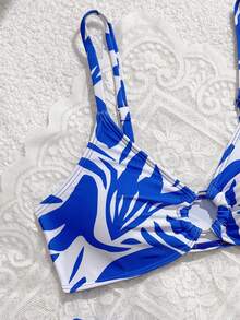 Tween Girl Blue Leaf Print Summer Vacation Bikini Set - Blue - View 4