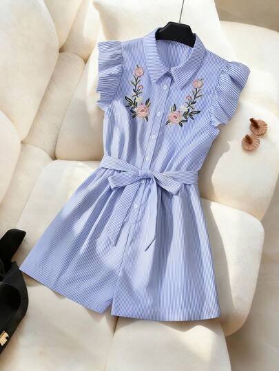 Franclia Women's Spring/Summer French Elegant Minimalist Collared Cap Sleeve Embroidered Belt Waist Casual Short Striped Jumpsuit