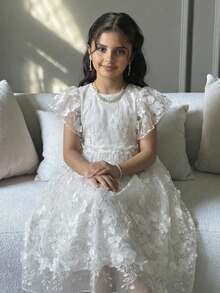 SHEIN 少女白色优雅蕾丝荷叶袖圆领公主裙 - 白色 - 查看 3