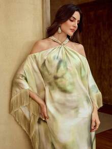 ZEYLAH Elegant Batik Floral Print Off-Shoulder Tassel Decor Loose Dress, Vacation Style - Apricot - View 7