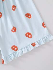 SHEIN GraphicGems Conjunto de pijama con cardigan de cuello con volantes, manga corta y pantalones cortos con diseño de galletas y comida de dibujos animados para niñas, color azul - Azul - Ver 5