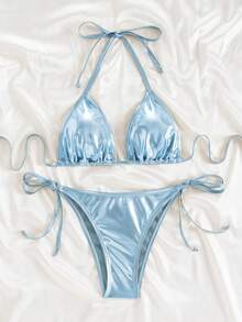 Swim Vcay 纯色褶饰挂脖比基尼套装 - 藍色 - 查看 1
