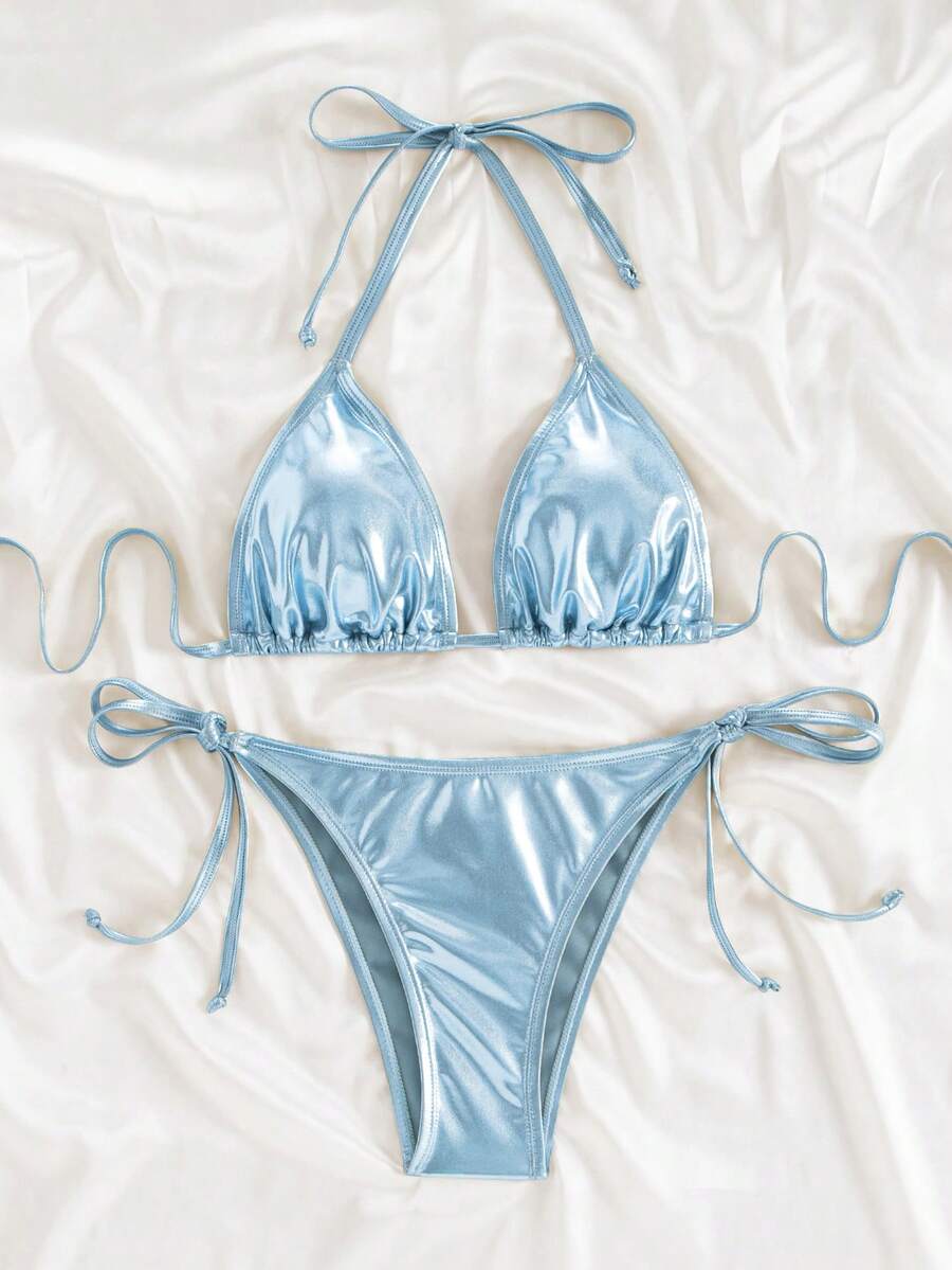 Swim Vcay 纯色褶饰挂脖比基尼套装 - 藍色 - 查看 1