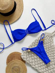 Swim Chiccia 两件套女士夏季度假沙滩装，纯色吊带金色圆圈装饰抹胸上衣和丁字裤比基尼套装 - 寶藍色 - 查看 2