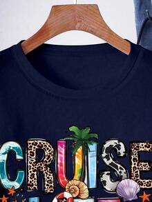 Resyla Camiseta de mujer de cuello redondo con estampado de letras, casual de verano - Negro - Ver 3