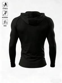 Manfinity Acti Log 男士插肩袖连帽抽绳休闲运动卫衣 - 黑色 - 查看 2