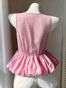 GlowEve Women's Tie-Front Fashion Camisole Pink Plaid Cinched Waist Peplum Hem Tube,Vacation Outfits Women Pastel Summer Top - Pink - View 2