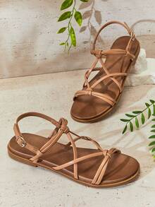 SHUZIA Women's Round Toe Wide&Cushioned Footbed Insole Knot-Detail Premium Vegan Leather Taupe Flat Sandals – Soft, Supportive & Easy Wear - Beige - View 7