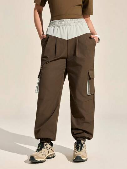 Exploreva Women's Contrast Color Elastic Waist Cargo Pocket Drawstring Outdoor Pants