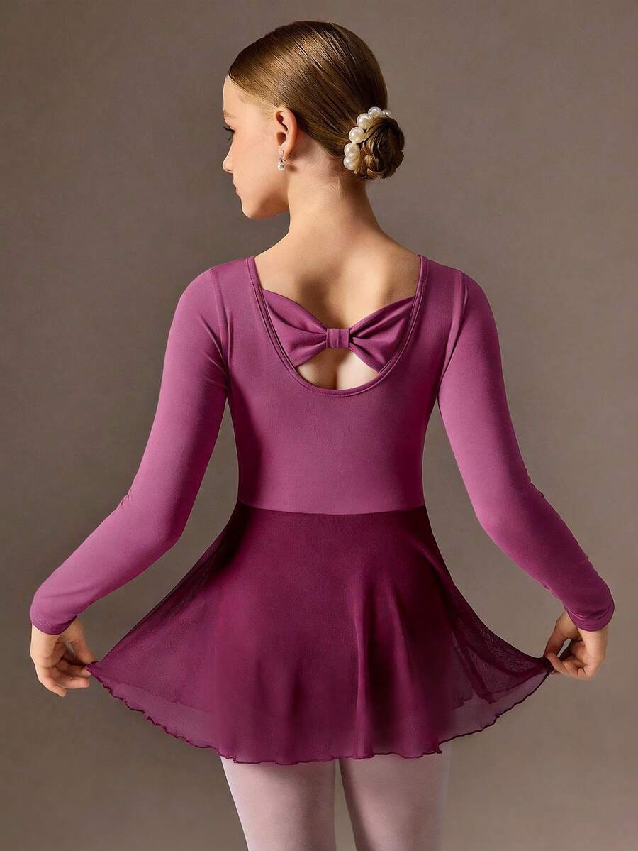 SHEIN 少女长袖粉色芭蕾舞裙，圆领前片褶皱设计，后背可爱蝴蝶结，柔软轻盈的网纱裙摆，裆部按扣设计，高弹亲肤，适合舞蹈、瑜伽和运动穿着。 - 中紫紅色 - 查看 1