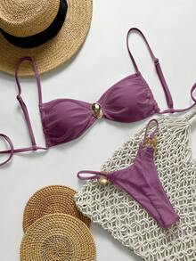 Swim Chiccia 两件套女士夏季度假沙滩装，金属色纯色吊带抹胸上衣和丁字裤比基尼套装，纯色比基尼聚拢文胸泳衣，聚拢比基尼，半罩杯比基尼，聚拢泳衣，无肩带比基尼，紫色比基尼，抹胸比基尼 - 中紫紅色 - 查看 1