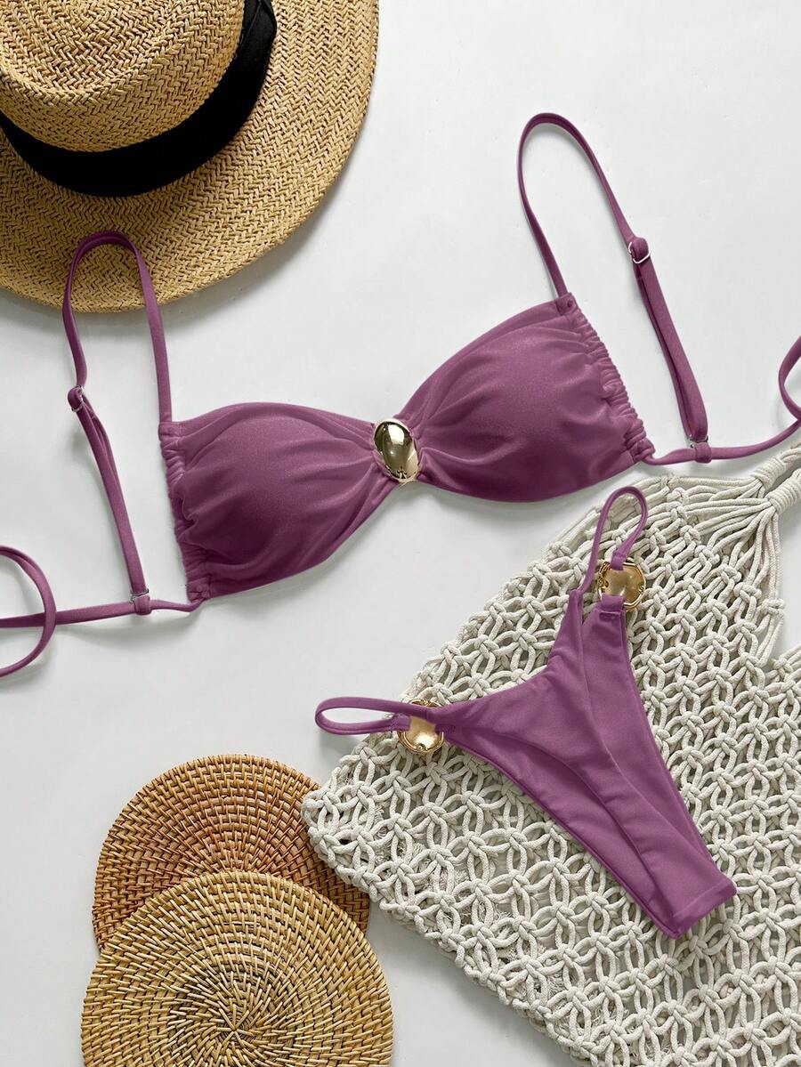 Swim Chiccia 两件套女士夏季度假沙滩装，金属色纯色吊带抹胸上衣和丁字裤比基尼套装，纯色比基尼聚拢文胸泳衣，聚拢比基尼，半罩杯比基尼，聚拢泳衣，无肩带比基尼，紫色比基尼，抹胸比基尼 - 中紫紅色 - 查看 1