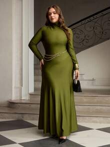 ZEYLAH Turtleneck Knit Minimalist Long Sleeve Fitted Dress - Army Green - View 5
