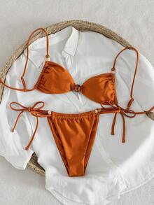 Swim SXY 夏季度假性感纯色抽绳串珠吊带比基尼套装 - 亮橙色 - 查看 5