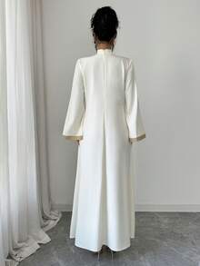 Elenzga Apricot Stand Collar Embroidered Lace Trim Slit Loose Lantern Sleeve Dress,Modest White And Gold Al-Adha Holiday Dinner Autumn Elegant Party Dress - Apricot - View 2