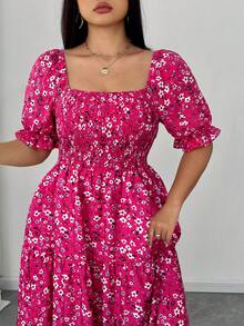 Elenzga 大码夏季休闲碎花方领泡泡袖连衣裙 - 玫紅色 - 查看 2