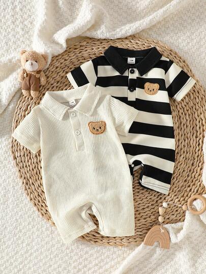 SHEIN 2pcs/Set Toddler Cute Casual Colorblock Striped Lapel Button-Up Short Sleeve Printed Romper