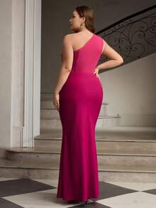 ZEYLAH Sleeveless Contrast Color Knit Patchwork Maxi Fish Tail Dress, Party Wear - Hot Pink - View 3