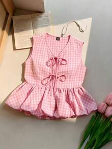 GlowEve Women's Tie-Front Fashion Camisole Pink Plaid Cinched Waist Peplum Hem Tube,Vacation Outfits Women Pastel Summer Top - Pink - View 1