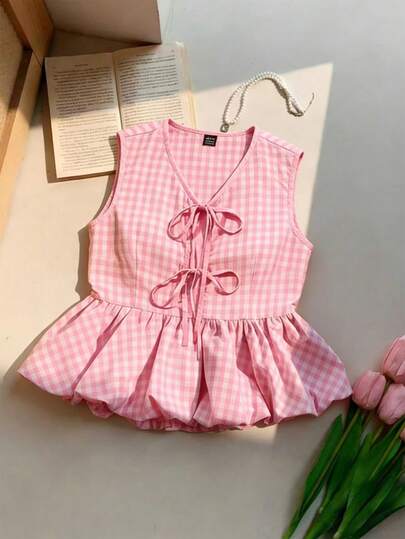 GlowEve Women's Tie-Front Fashion Camisole Pink Plaid Cinched Waist Peplum Hem Tube,Vacation Outfits Women Pastel Summer Top