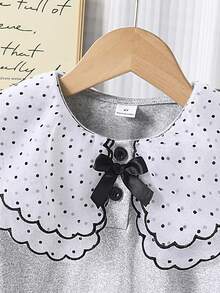 女童休闲甜美风刺绣荷叶边波点领蝴蝶结上衣和喇叭裤套装 - 灰色 - 查看 9