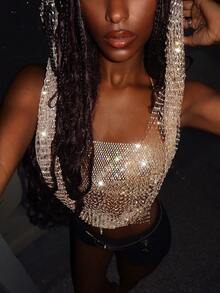 EgrlEra Women's Sexy Sheer Glitter Party Top, Suitable For Bar, Party, Club - Champagne - View 4