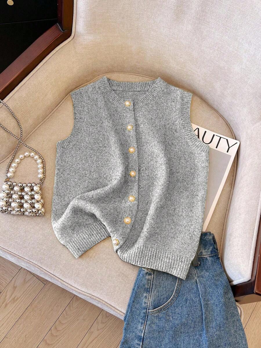 SHEIN Franclia Casual Women's Grey Round Neck Sweater Vest Regular Length With Pearl Buttons - Grey - View 1
