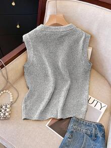 SHEIN Franclia Casual Women's Grey Round Neck Sweater Vest Regular Length With Pearl Buttons - Grey - View 2