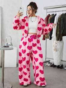 Comfortcana Plus Size Heart Print Hooded Jacket, Casual For Spring/Autumn,Fall Clothes For Women Winter - Pink - View 2