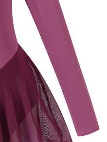 SHEIN 少女长袖粉色芭蕾舞裙，圆领前片褶皱设计，后背可爱蝴蝶结，柔软轻盈的网纱裙摆，裆部按扣设计，高弹亲肤，适合舞蹈、瑜伽和运动穿着。 - 中紫紅色 - 查看 4