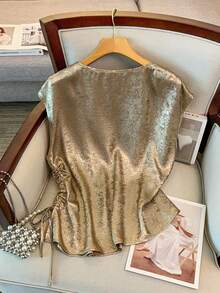 GlowEve CURVE 大码女士优雅高端玫瑰金V领休闲抽绳修身衬衫，春夏款 - 杏色 - 查看 2