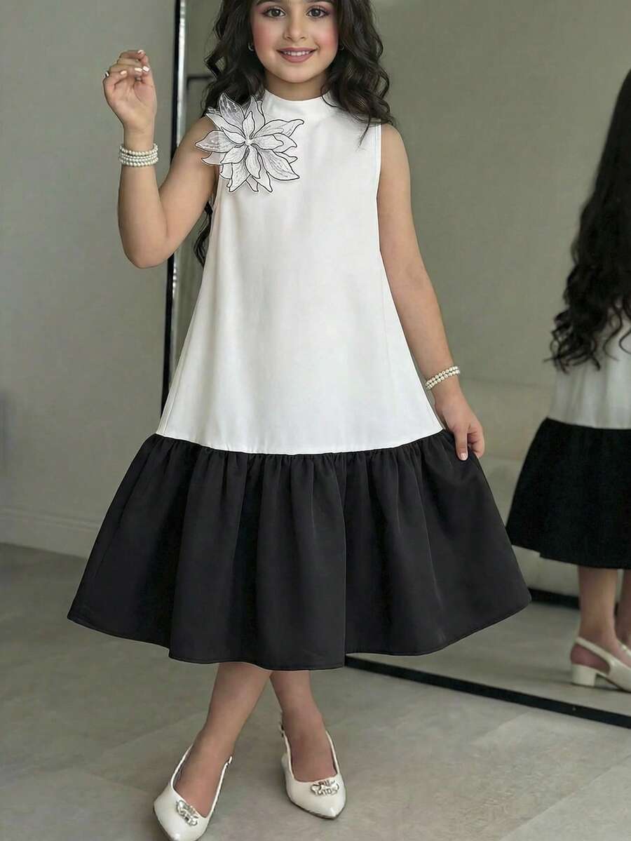 SHEIN Tween Girl Elegant 3D Floral Decor Black And White Summer Dress, Formal Wedding Guest Ruffle Hem Sleeveless A-Line Midi Party Wear Dress For Tween Girl - Black and White - View 1