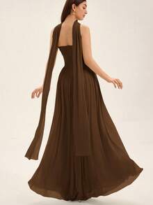 EMERY ROSE Twist Decor Bandeau Long Flowy Mesh Dress - Coffee - View 2