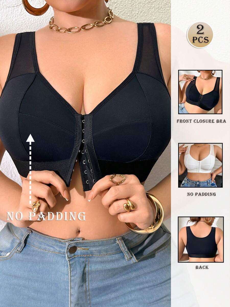 2件套加大码女士网纱拼接前扣文胸 - 彩色 - 查看 1
