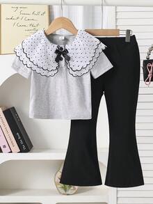 女童休闲甜美风刺绣荷叶边波点领蝴蝶结上衣和喇叭裤套装 - 灰色 - 查看 3