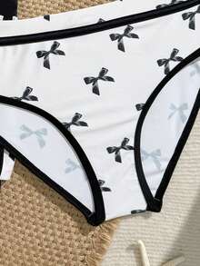 少女蝴蝶结印花圆领吊带背心和短裤两件套比基尼套装 - 黑與白 - 查看 7