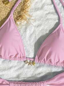 Bonvoyette 比基尼沙滩装春夏时尚度假休闲纯色海星装饰性感比基尼套装 - 粉色 - 查看 4