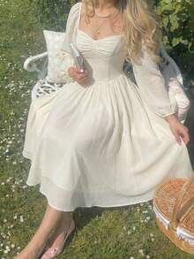 SHEIN MOD Váy dài tay đèn lồng voan màu mơ thanh lịch - Màu be - Xem 3