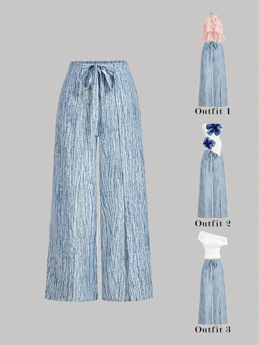 SHEIN MOD Quần ống rộng kiểu vintage dành cho nữ, thắt nơ eo, thoải mái và thanh lịch, thời trang, quần ống rộng nữ, quần nơ, quần đi nghỉ mát, phong cách Boho, xuân/hè, ngày Valentine, quần đi biển cho nữ, kỳ nghỉ hè, quần vải lanh, quần ống rộng, quần mùa hè, quần thường ngày cho nữ - Xanh và trắng - Xem 1