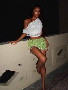 EgrlEra Apricot Chiffon Sequin Embroidered Tassel Hem Skirt For Women, Spring/Summer/Autumn - Mint Green - View 5