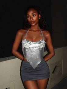 SHEIN DivaQ Women's Metal Spaghetti Strap Camisole, Metallic Shiny Finish, Suitable For Music Festivals, Carnivals, Parties - Silver - View 6