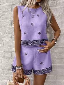 SHEIN LUNE Graphic Print Round Neck Tank Top And Shorts Casual Vacation 2 Pieces Set - Mauve Purple - View 5