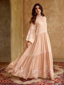 ZEYLAH Elegant Embroidered Long Sleeve Dress, Spring/Summer - Coral Pink - View 1