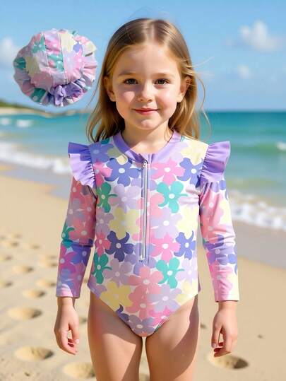 Sparklyn Baby Girls' Colorful Purple & Pink Cute Floral Ruffled Long Sleeve One-Piece Swimsuit With Hat, Stretchy & Comfortable For Summer Swimming Toddler Girl Swimwear Baby Girl Rash Guard Swimsuit Toddler Girl Long Sleeve Swimsuit Girl Flower Swimsuit Toddler Rash Guard Girl