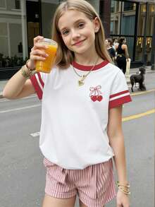 Tween Girls Spring And Summer Casual Fashion Creative Personalized Fresh Elegant Minimalist Heart Cherry Bow Contrast Color Graphic Print Comfortable T-Shirt, Cozy Spring And Summer Styles Suitable For Girls, Atmosphere Feeling Tops For Daily Casual Versatile Matching, Suitable For Girls Home And Outdoor Wear All Seasons Short Sleeve T Shirt Aesthetic Teen Girl Shirts Cute T Shirt Preppy T-Shirt Cherry T Shirt - Multicolor - View 7