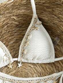 Swim Vcay Women's Ocean Shell Decor Textured Fabric Tie-Up Bikini Set, Resort Style Summer - Apricot - View 4